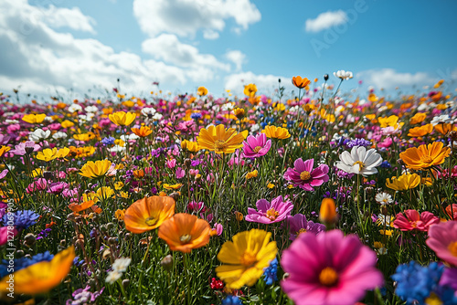 A stunning flower field filled with vibrant wildflowers in various colors, offering a peaceful and picturesque scene of nature in full bloom