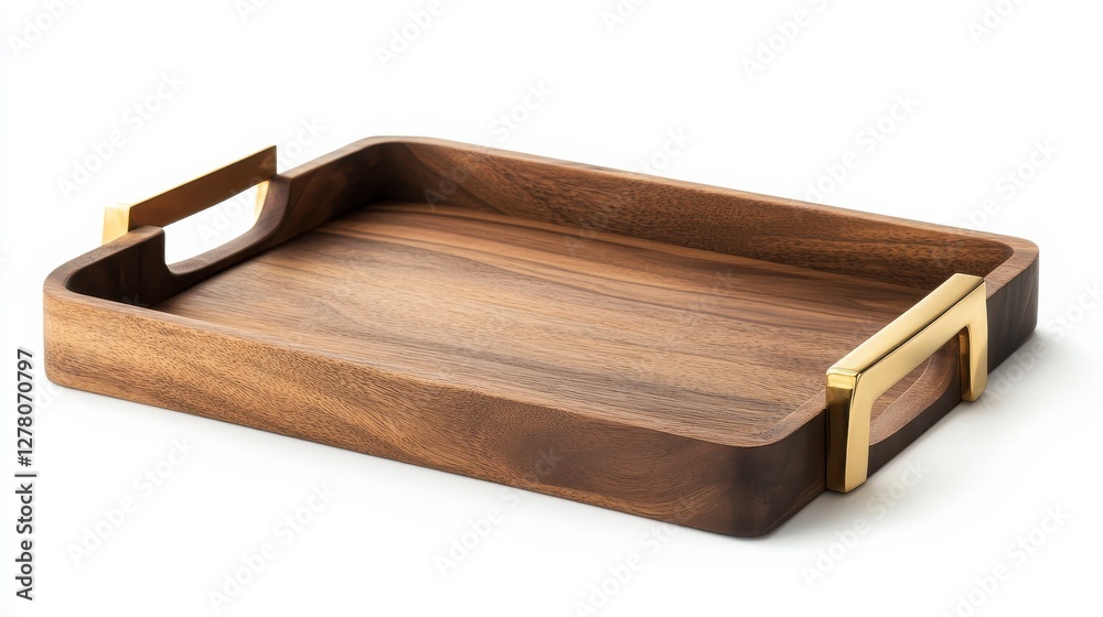 Elegant Rectangular Wooden Tray with Golden Handles on a White Background Elegant Rectangular Wooden Tray with Golden Handles on a White Background