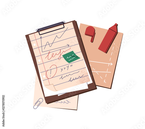 Clipboard with writings on paper sheets and open red felt tip pen, marker. Student's notes, records on clip board, school test or homework and highlighter. Flat isolated vector illustration on white