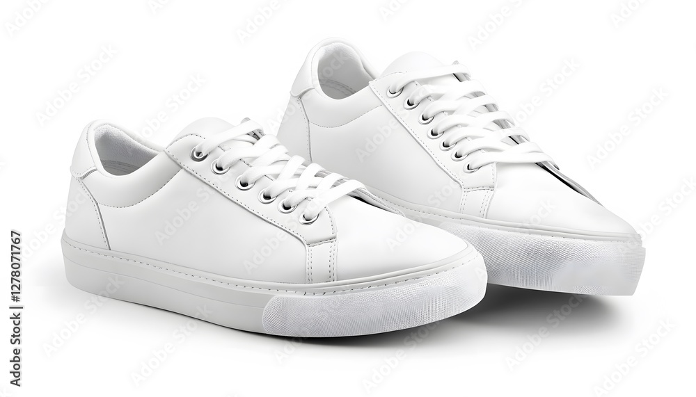 Pair of pristine white leather sneakers displayed on white background Pair of pristine white leather sneakers displayed on white background