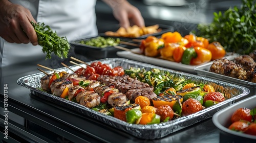 Fototapeta Naklejka Na Ścianę i Meble -  Vibrant skewer station showcasing a variety of grilled vegetables meats and other ingredients ready for outdoor dining barbecue or catering event  Plenty of copy space for text overlay