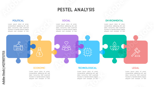 Horizontal PESTEL Analysis Infographic with Six Colorful Interlocking Puzzle Pieces