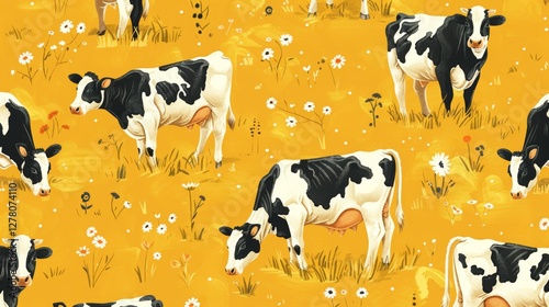 Cows Grazing in a Yellow Field with Flowers