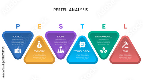 Gradient Triangle PESTEL Model with Bold Icons and Text