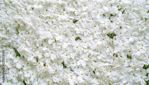 Floral background of many white jasmine flowers with yellow stamens filling the frame, top view.