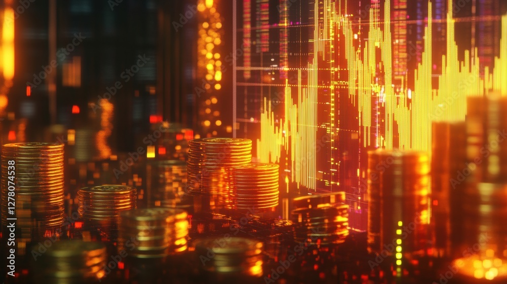 Financial success concept with stacks of gold bars, golden coins, and a glowing stock market graph. Financial success concept with stacks of gold bars, golden coins, and a glowing stock market graph.