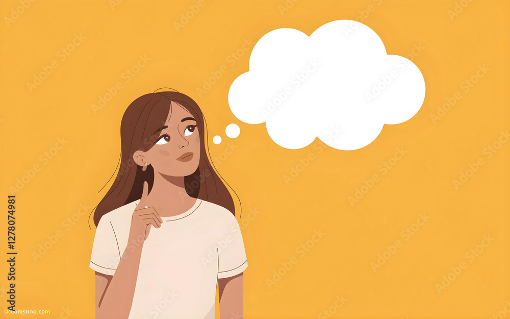 A thoughtful young woman with brown hair gazes upward, a finger to her chin, beside a large empty thought bubble against a yellow background. Simple, illustrative style. A thoughtful young woman with brown hair gazes upward, a finger to her chin, beside a large empty thought bubble against a yellow background. Simple, illustrative style.