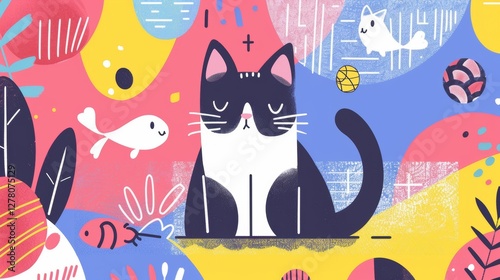 Cute black and white cat sits amidst colorful abstract shapes and fishes.  Possible use children's book cover, social media post photo