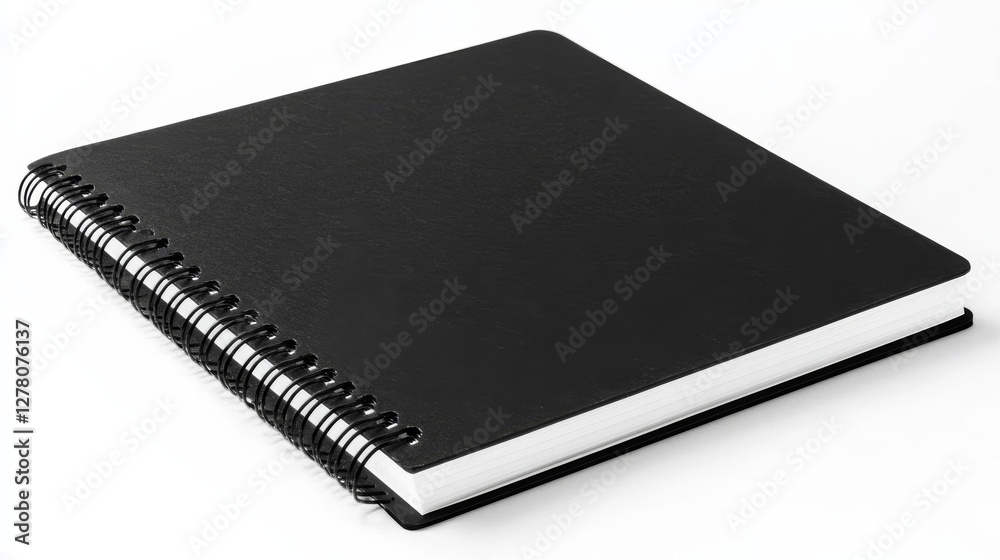 A spiral notebook is on a white background. The notebook is black and has a white spiral binding. A spiral notebook is on a white background. The notebook is black and has a white spiral binding.
