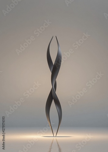 Photograph of a sculpture in the middle of a body of water. the sculpture is made up of multiple curved lines that form a wave-like shape. the lines are black and appear to be made of metal.