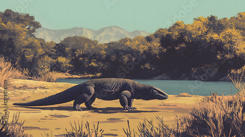 Large prehistoric creature roaming along a riverbank, striking landscape with lush greenery, evokes ancient times and nature. photo