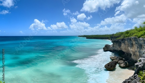 Fototapeta Naklejka Na Ścianę i Meble -  Idyllic caribbean beach with turquoise water and rocky cliffs