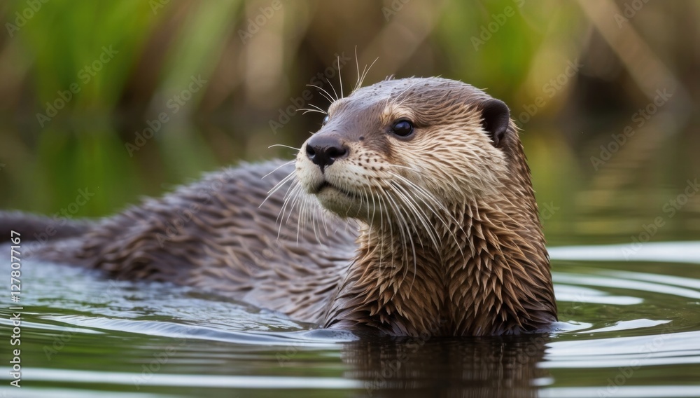 A curious otter with wet fur, swimming in a calm river with a gentle green backdrop, capturing the playful and endearing nature of this aquatic mammal in its natural habitat A curious otter with wet fur, swimming in a calm river with a gentle green backdrop, capturing the playful and endearing nature of this aquatic mammal in its natural habitat