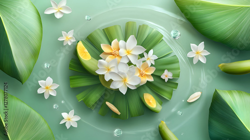 Bright pond scene, vibrant green lily pads with delicate white blossoms floating on tranquil water surface, ideal for nature themes.