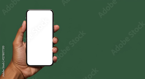 Smartphone in Hand Mockup with Blank Screen for App Presentation. Mobile device held by hand with empty display for UI design showcase against green background