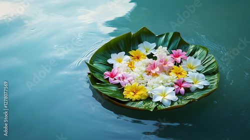 Colorful flower arrangement floating on water, vibrant petals in a serene setting, ideal for relaxation or meditation themes.