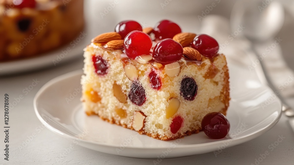 Delicious slice of fruit cake topped with vibrant maraschino cherries, perfect for festive celebrations. Delicious slice of fruit cake topped with vibrant maraschino cherries, perfect for festive celebrations.