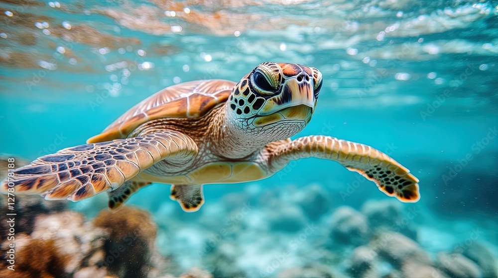 Fototapeta premium A serene turtle swimming in clear blue water 
