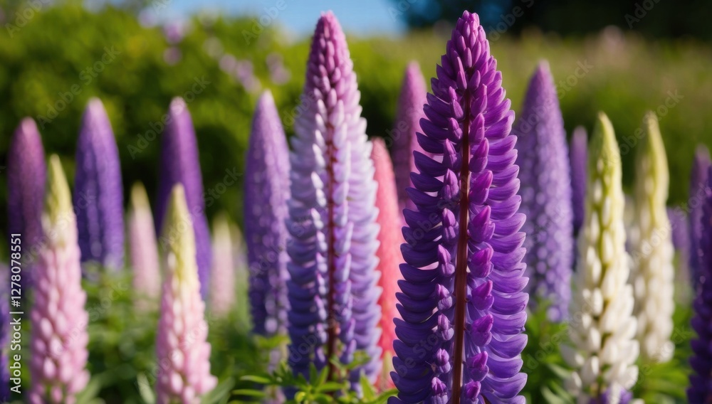 A field of vibrant lupine flowers in various shades of purple, pink, and white. The flowers are densely clustered, with many different shades of colour ranging from light pink and white to deep purple