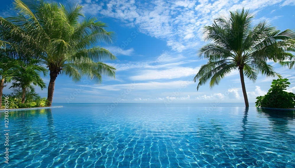 Infinity pool merges with the ocean under a tropical sky