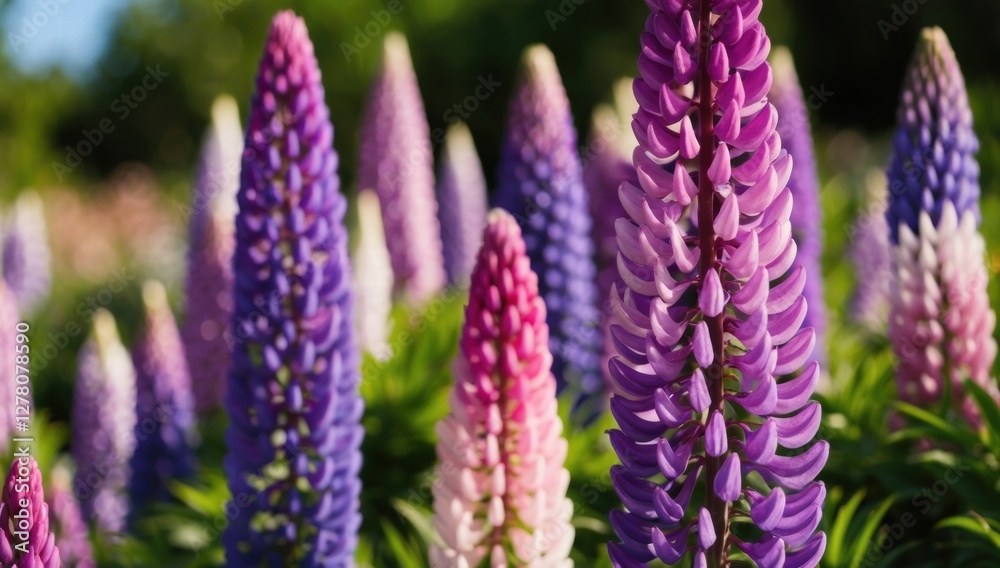 A field of vibrant lupine flowers in various shades of purple, pink, and white. The flowers are densely clustered, with many different shades of colour ranging from light pink and white to deep purple A field of vibrant lupine flowers in various shades of purple, pink, and white. The flowers are densely clustered, with many different shades of colour ranging from light pink and white to deep purple