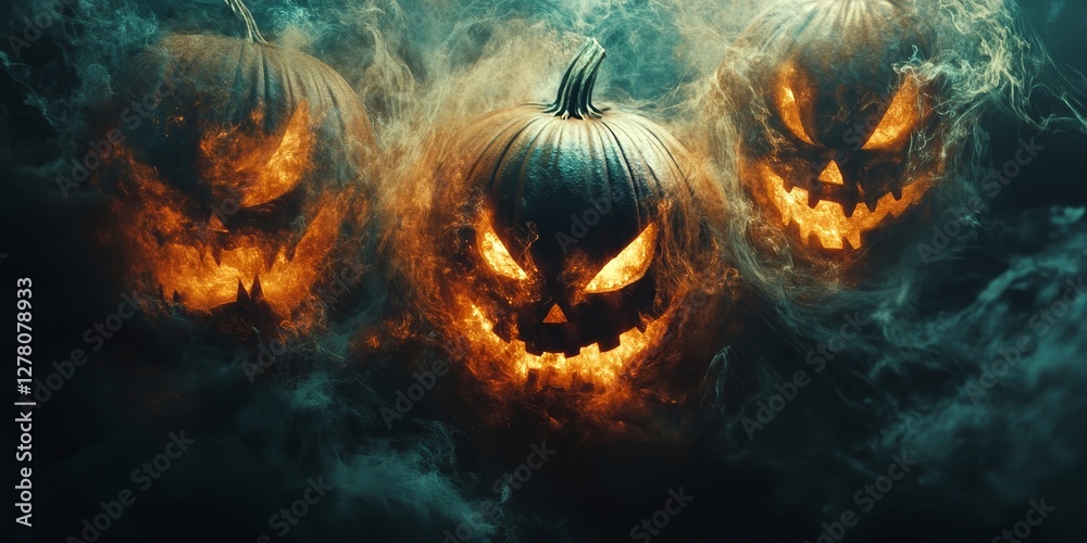 a terrifying Halloween scene of three carved pumpkins with glowing eyes and spooky faces. They are surrounded by smoke and darkness