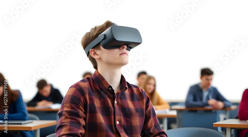 In high school, teenage boy using VR headset in classroom, exploring virtual reality. Technology, education, learning, innovation, interactive, student
