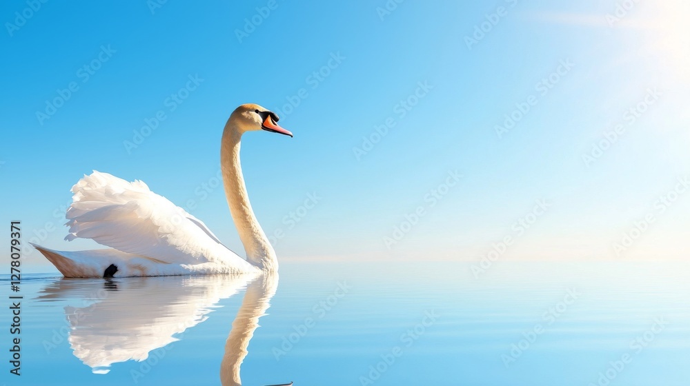 Fototapeta premium Graceful Swan Gliding on Serene Lake Reflecting Peaceful Blue Sky and Sunlight
