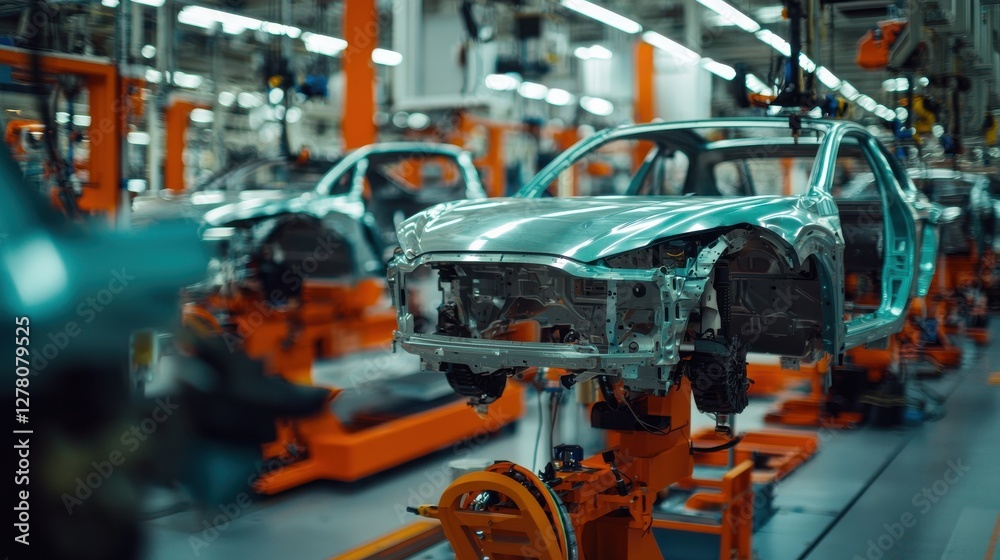 Fototapeta premium Automotive assembly line showcasing car manufacturing process.