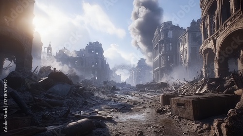 Ruins of a war-torn city with smoke rising from the debris in ultra HD. Generative AI photo