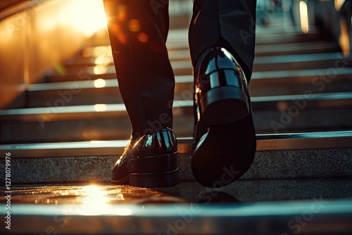 Businessman ascending stairs at sunrise photo