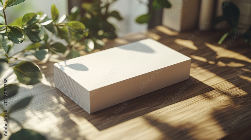 A close-up view of white business cards mockup with a blank space for design, highlighted by warm sunlight and soft shadow overlays for a stylish presentation. A close-up view of white business cards mockup with a blank space for design, highlighted by warm sunlight and soft shadow overlays for a stylish presentation.