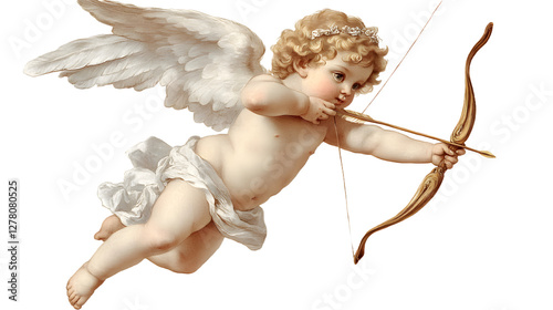 Cherub with a bow and arrow, isolated on white background