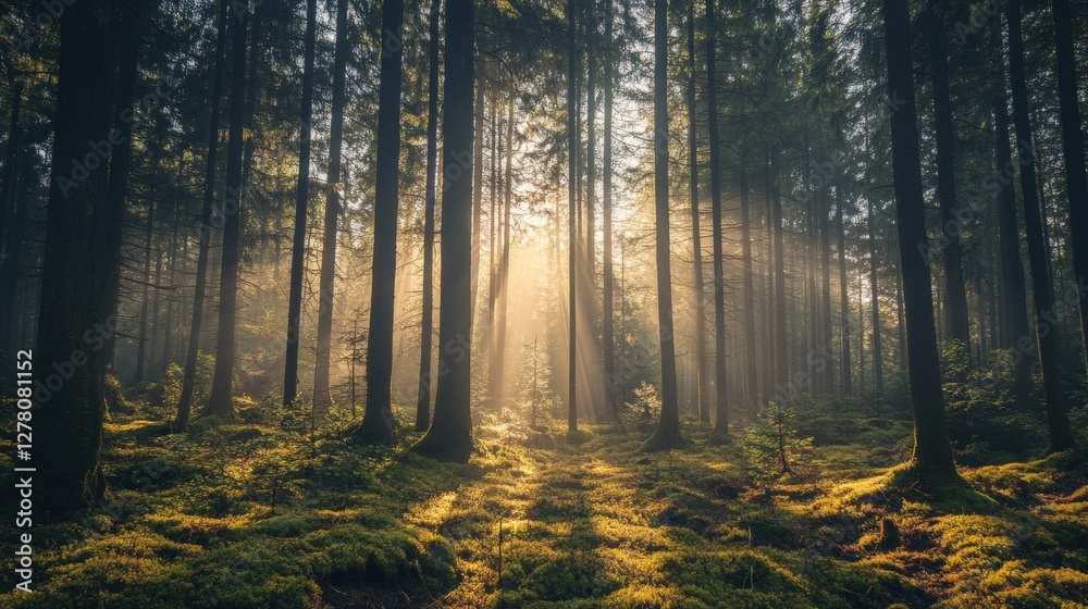 Obraz premium Sunlight shining through trees in a lush forest.