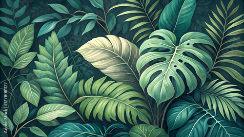 Tropical Leaf Arrangement: A Lush Green Botanical Composition