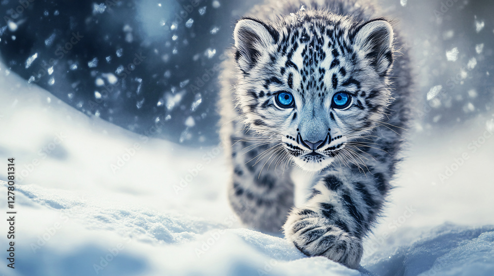 Snow leopard with blue eyes running through snow alongside playful baby snow leopard exploring snowy landscape Snow leopard with blue eyes running through snow alongside playful baby snow leopard exploring snowy landscape