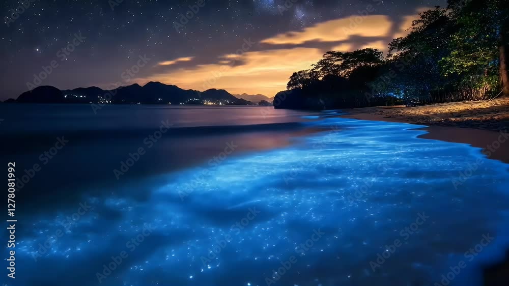 Bioluminescent waves gently wash ashore under a starry night sky at a tranquil beach Bioluminescent waves gently wash ashore under a starry night sky at a tranquil beach