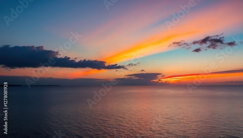 A serene sunset over a calm sea, vibrant orange and yellow hues blending into a soft blue sky, distant dark coastline, gentle waves reflecting the colourful light