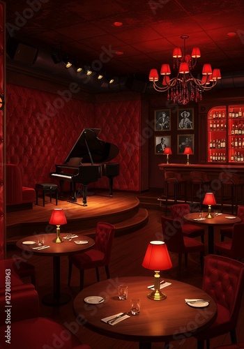 Luxurious Red Jazz Club Interior with Piano