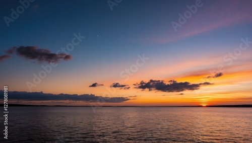 A serene sunset over a calm sea, vibrant orange and yellow hues blending into a soft blue sky, distant dark coastline, gentle waves reflecting the colourful light