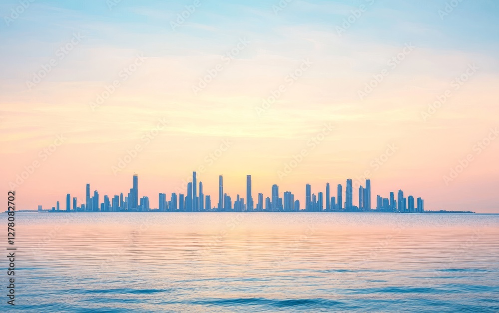 Fototapeta premium Sunrise Over Modern City Skyline Reflecting on Tranquil Waterfront