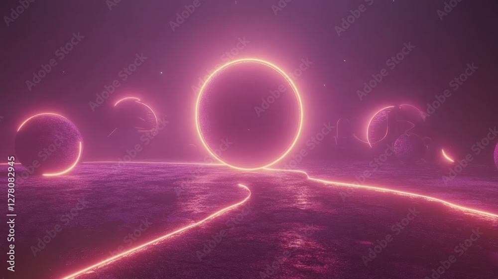 Fototapeta premium Pink neon portal, alien landscape, futuristic scene