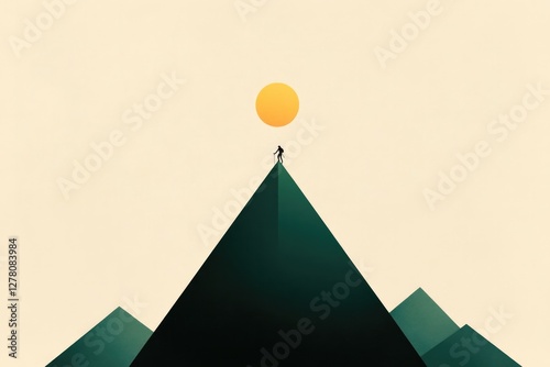 Silhouette of hiker atop sharp peak, golden sun rising behind mo