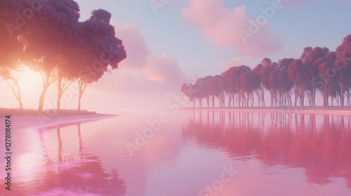 Serene landscape with pink water, soft clouds reflecting in tranquil lake, evokes a sense of peace and harmony.