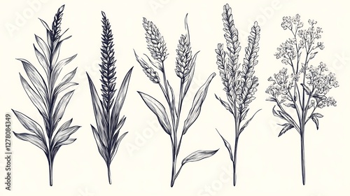 Botanical illustration collection, engraved line art, various grasses, white background photo