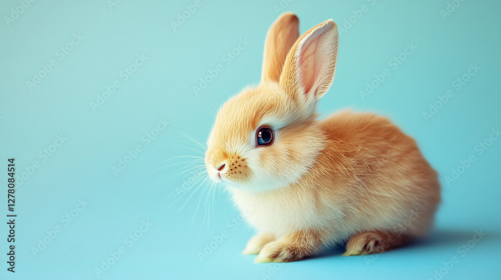 Small fluffy rabbit sitting on a vibrant blue surface with soft texture and bright color background Small fluffy rabbit sitting on a vibrant blue surface with soft texture and bright color background