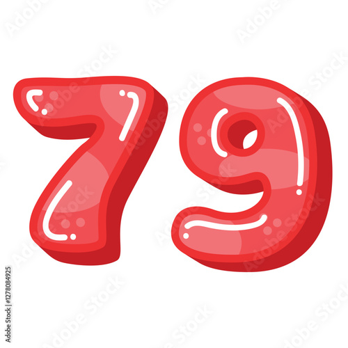 Red color number 79 vector illustration, number 79 clip art, number seventy nine in cartoon kids style