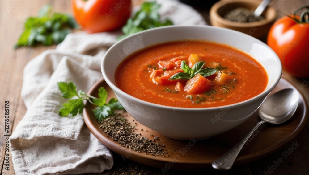 A bowl of creamy tomato soup garnished with fresh herbs, surrounded by ripe tomatoes and greens on a rustic surface, offering an appetizing view of a healthy, homemade meal A bowl of creamy tomato soup garnished with fresh herbs, surrounded by ripe tomatoes and greens on a rustic surface, offering an appetizing view of a healthy, homemade meal