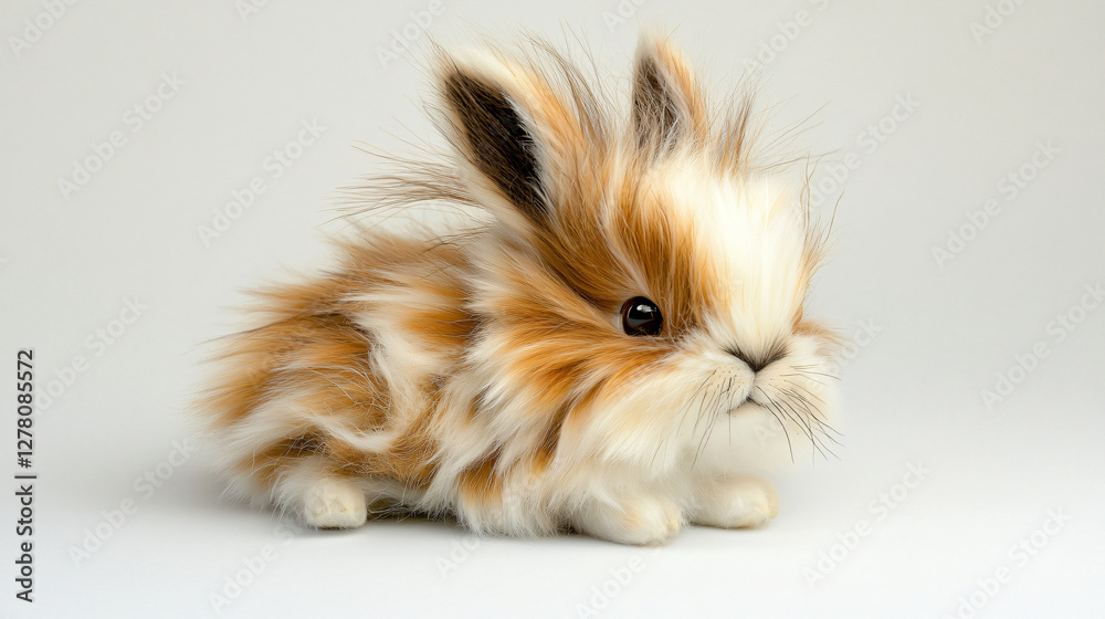 Fluffy rabbit sitting on a white surface with brown and white fur pattern Fluffy rabbit sitting on a white surface with brown and white fur pattern