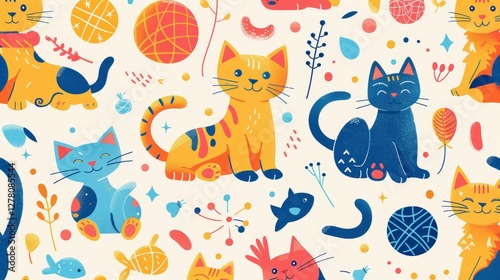 Cute cats playing pattern with colorful balls, plants, and confetti